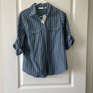 New York & Company Navy Striped Shirt
